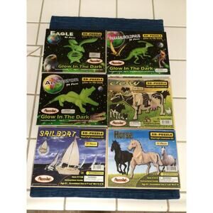 Lot of 6 Wood Puzzle 3D Kits Glow in Dark Eagle Alligator Cow Boat Horse Dino